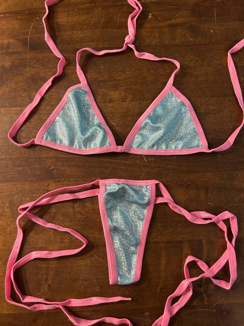 NWOT Sexy Skimpy Handmade Baby Blue Ice & Light Pink Tri-Top Thong Bottom Bikini